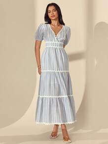 Almamuse Robe élégante femme à encolure cache-cœur, manches bouffantes, blocs de couleurs, avec ceinture à nouer, style vacances d'été