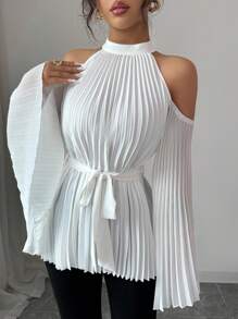 Elenzga Stand Collar Hollow Shoulder Long Sleeve Chiffon Pleated Ruffle Flare Sleeve Cinched Waist A-Line Design Sense Spring & Summer Vacation Versatile French Elegant Vintage Blouse