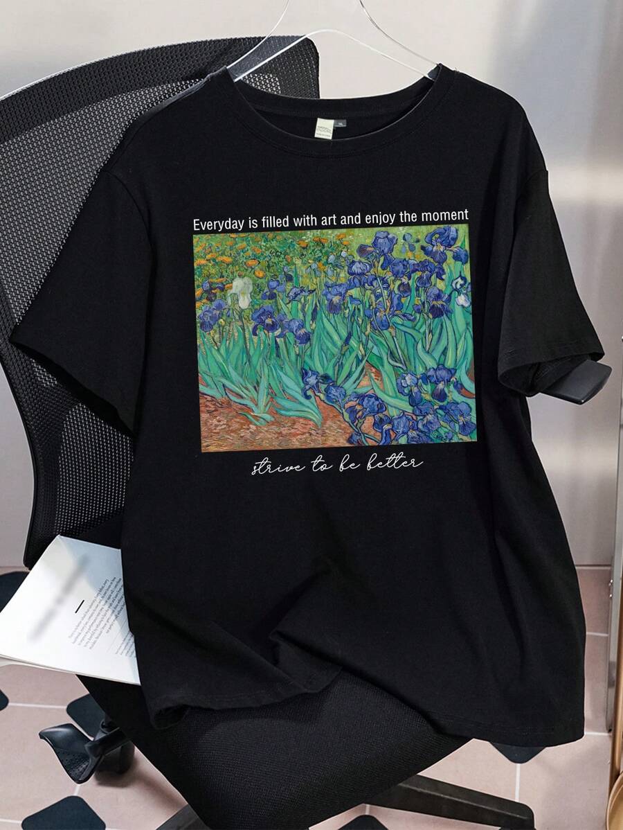 SHEIN Touch of Art 梵高鸢尾花图案T恤，加大码花卉字母图案圆领短袖T恤，女士图案T恤，加大码图案T恤，宽松图案T恤，女士街头服饰，夏季女装，可爱夏季上衣，加大码夏季T恤 - 黑色 - 查看 1
