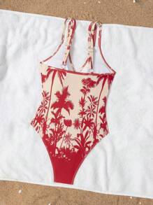 Swim Chiccia 女士热带棕榈树印花露背连体泳衣，可调节肩带，修身高开叉，适合海滩度假 - 彩色 - 查看 6