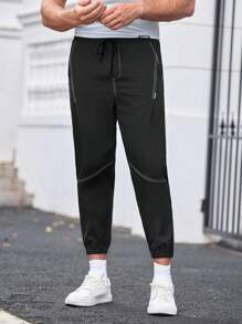 Manfinity VCAY Pantaloni casual in tessuto lavorato, vestibilità ampia, coulisse in vita, colore tinta unita, adatti a un utilizzo quotidiano, giovani e alla moda - nero - Visualizzare 4
