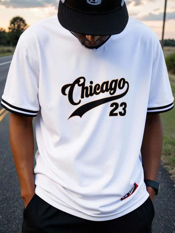 Manfinity Sporsity Camiseta casual de manga corta con cuello en V y rayas con letras para hombre en verano
