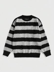 ROMWE MEN Street Life Herren gestreifter Rundhals-Lässiger Pullover in Oversize-Passform