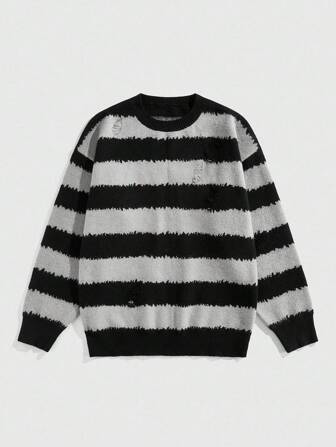 Street Life Suéter casual holgado de cuello redondo a rayas para hombre