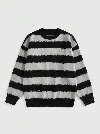 Street Life Maglione casual da uomo a girocollo a righe con vestibilità ampia