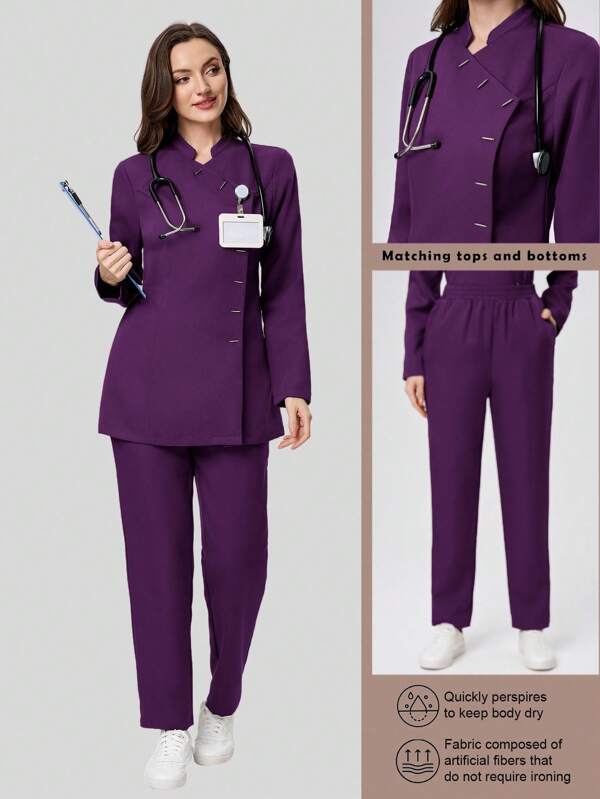 Scrubzie Set de 2 piezas de uniforme médico para mujer con top de manga larga y cuello alto y pantalones antiarrugas