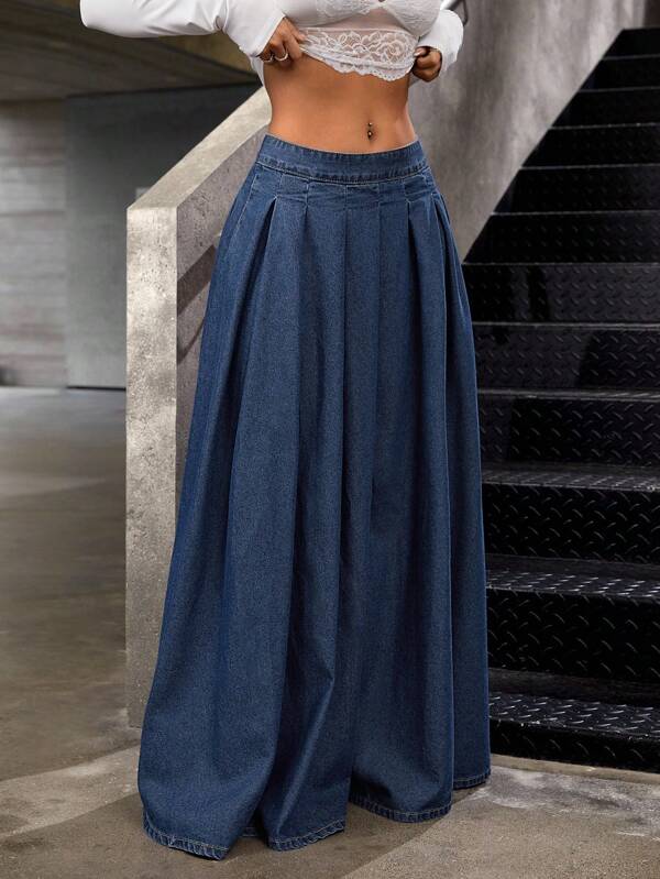 SHEIN ICON Women's Low Waist Extra Long Denim Skirt