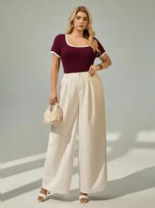 Auralis Plus Size Women Summer Daily Contrast Trim Round Neck Short Sleeve T-Shirt - Red - View 4