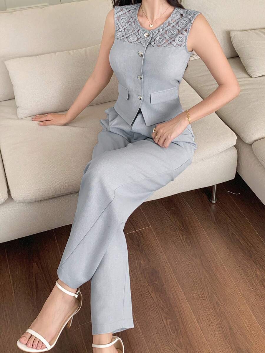 DAZY 女式蕾丝拼接圆领吊带背心和阔腿裤两件套 - 藍色 - 查看 1