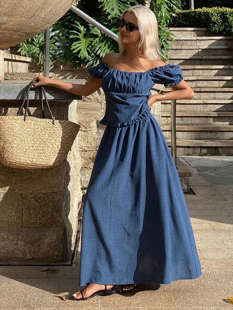 DAZY Women Summer Elegant Square Neck Pleated Camisole & Elasticated Waist Denim Skirt 2pcs Set,Off Shoulder Top - Medium Wash - View 1