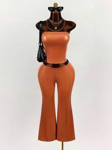 Amplova Women's Summer Solid Color PU Leather Crop Top And Flared Pants 2 Pieces Set, Fashionable