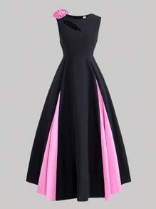 Vestido elegante de vuelo con decoración floral 3D, bajo con volantes y sin mangas. Para adolescentes y mujeres de talla pequeña, vestido de cóctel para fiestas de verano - Negro - Ver 3