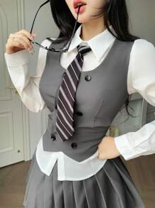 DAZY 女式学院风针织背心开衫衬衫和百褶裙两件套，适合春夏秋季、返校季和毕业季 - 灰色 - 查看 4