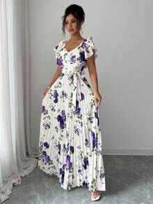 Elenzga V-Neck Digital Print Vacation Style Ruffle Waist Flared A-Line Elegant Romantic Ladies Dress - Multicolor - View 6