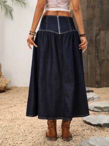 Breezaya Women Waist Tie Ruffle Casual Denim A-Line Skirt - Dark Wash - View 2
