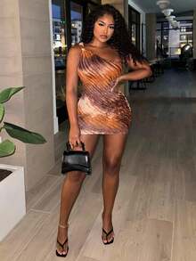 Alexandranx Robe mini femme à un épaule avec nœud torsadé tie dye