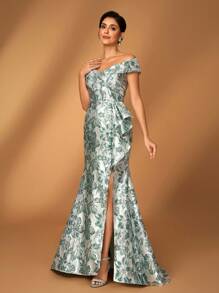 Serin Váy dạ hội cho mẹ cô dâu màu xanh nước biển sang trọng, sang trọng, xếp li bằng vải satin jacquard, xẻ tà hoa, thanh lịch, lộng lẫy - màu xanh lá - Xem 4