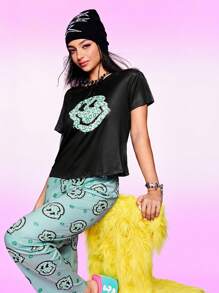 SHEIN Damski swobodny zestaw piżamowy z nadrukiem w panterkę i krótkim rękawem, z nadrukiem kreskówkowym, lato - Zielony - Zobacz 5