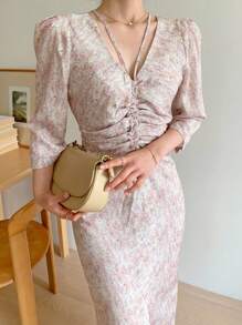 DAZY Women Floral Print Pleated Puff Sleeve Split Hem Midi Dress