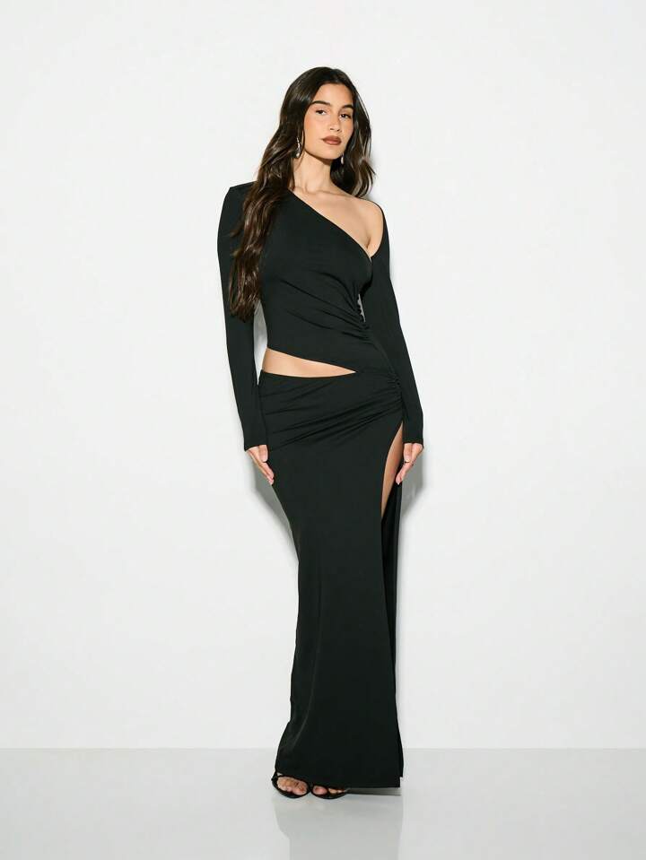 long sleeve side split maxi dress Kaiia exclusive lace keyhole detail long sleeve side split maxi dress in  black