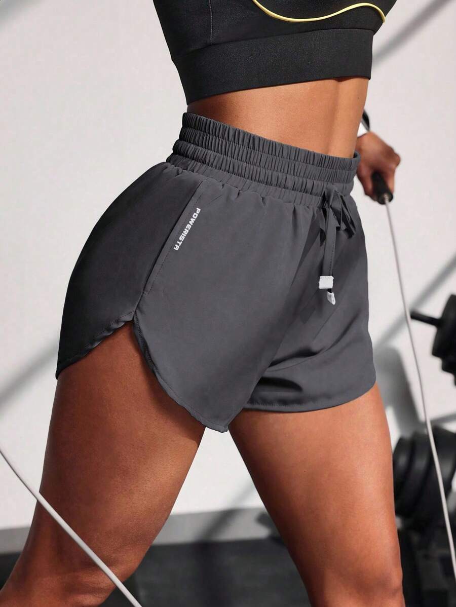 Powerista Casual Letter Printed Drawstring Waist Sports Shorts - Dark Grey - View 1