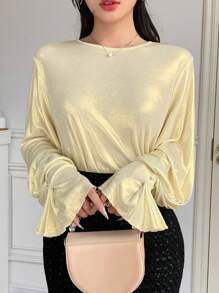 DAZY Women's Bell Sleeve Elegant Sequin Decoration Twist Knot Button Detail Long Sleeve Blouse Top, Business/Party Wear, Spring/Summer/Autumn