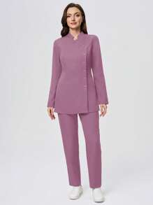 Scrubzie 2pc Set Women Scrub Uniform Shirt With Stand Collar & Long Sleeves, Wrinkle Resistant + Pants - Pink - View 8