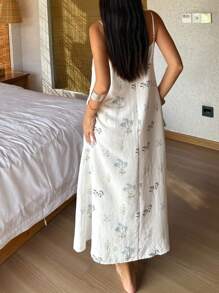 DAZY Floral Pattern Allover Print Ruffle Hem Women's Slip Nightgown Pajama - Beige - View 2