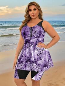 Swim Lushoire Bộ đồ bơi bikini bandeau in họa tiết tie dye ngẫu nhiên cỡ lớn cho nữ, kỳ nghỉ ở bãi biển - Màu tím - Xem 4