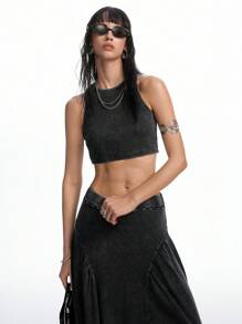 LYSMO 2件套女士水洗黑色纯色圆领露脐吊带背心上衣和半裙套装，简约前卫街头风和Y2K时尚，2025新款上市 - 黑色 - 查看 6