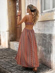Brillora Shirred Geometric Print High Slit Long Dress, Bohemian Style For Vacation,Tea Party Dress,Summer Dresses For Women