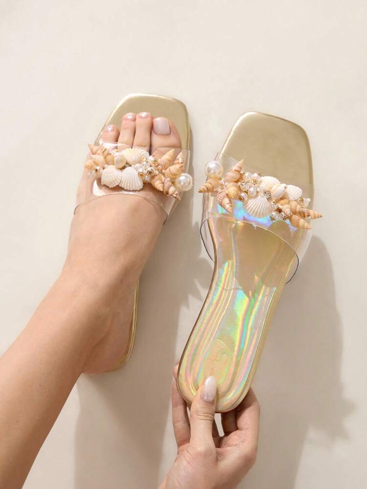 CUCCOO CHICEST Women Crystal Embellished Transparent Vamp Square Toe Flat Comfortable Shining Luxury Noble Quality Beach Sandals, Silver PVC Casual Summer Party Dress Flats