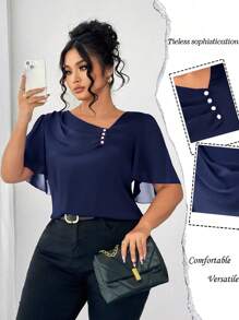 Elenzga 加大码不对称荷叶边领纽扣装饰短袖优雅衬衫 - 藏蓝色 - 查看 1