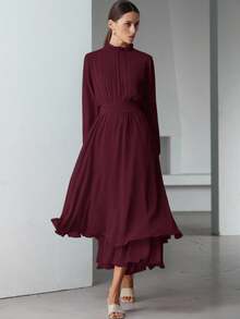 Aveloria Modichic Romantic French Style Layered Hem Decor Waisted Flattering Ruffle Collar Design Chiffon Dress For Women Fall Cloth For Women - Burgundy - View 6