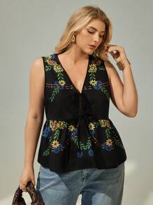 Auralis Plus Size Women Floral Print Sleeveless Tie-Waist Deep V-Neck Bow Shirt Blouse, For Summer - Black - View 5