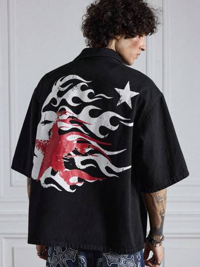 ROMWE MEN Grunge Punk Camisa/Chaqueta de mezclilla de estilo rock urbano para hombres