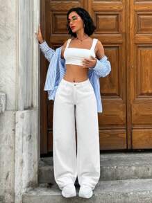 EURMUSE 女士宽松低腰阔腿日常休闲牛仔裤 - 白色 - 查看 5