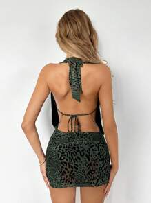 SHEIN ICON Vintage Leopard Print Crew Neck Form-Fitting Bodycon Mini Dress - Green - View 2