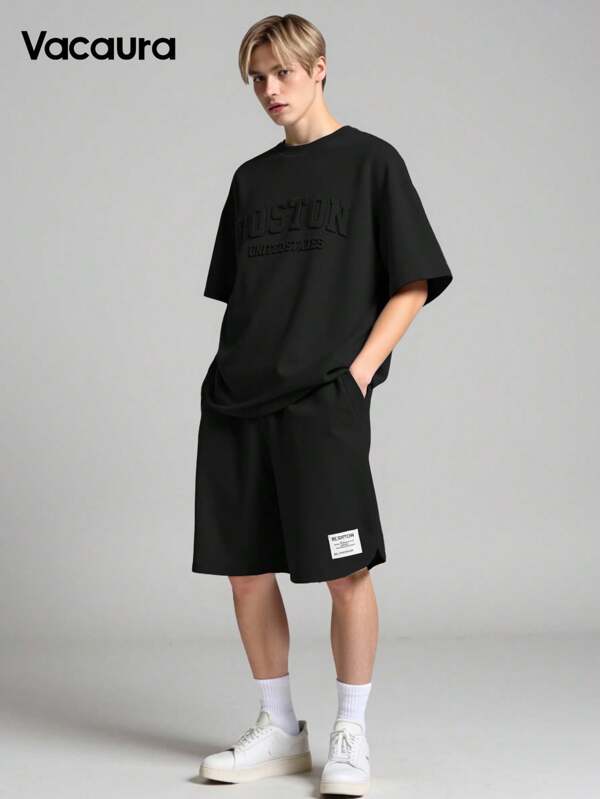 Vacaura Boy Summer Outfit 2pcs Teenage Boys Casual Outfit Set, Fashionable Embossed English Graphic Round Neck Pullover T-Shirt With Curved Side Design, Plain Shorts With Minimalist Woven Label And Curved Hem, Suitable For Summer And Autumn, School, Campus, College Summer Holiday