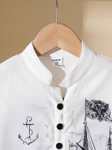 SHEIN 年轻男孩时尚帆船印花立领长袖衬衫，休闲夏季风格 - 白色 - 查看 4