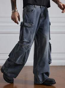 ROMWE MEN Grunge Punk Pantalones vaqueros de carga de talla grande para hombre en estilo casual lavado y suelto