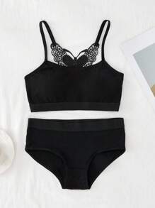 1 Set Tween Girl Bra Suit, Camisole, Racerback, Bralette & Underwear Set, Black & White, For Students Back To School Fashion