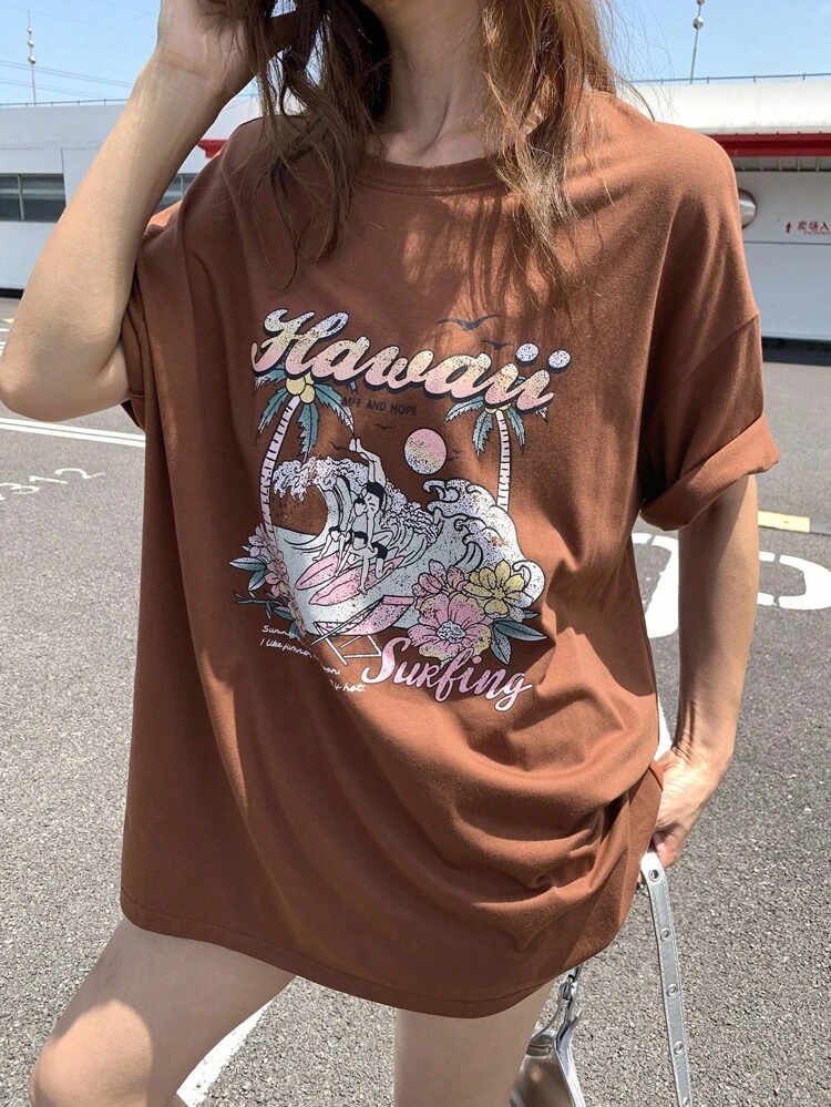Women's Vintage Print Casual Loose Round Neck Street Wear Short Sleeve T-Shirt, Summer,Graphic Tees