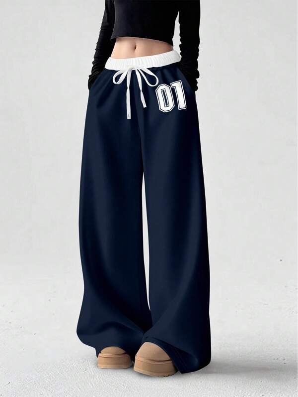 INAWLY Women's Casual Sports Number Print Contrast Color Drawstring Waist Loose Fit Wide Leg Pants With Side Pockets