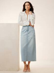 Anewsta Chân váy denim thẳng xẻ tà đính đá pha lê giản dị dành cho nữ - Màu xanh lam - Xem 7
