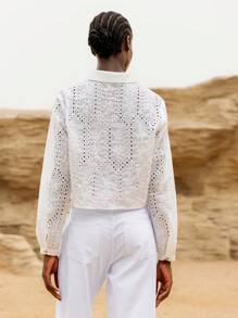 Lumivelle Women's White Semi-Sheer Floral Eyelet Cropped Button-Down Shirt A Casual Woven Top With Long Sleeves And A Collar