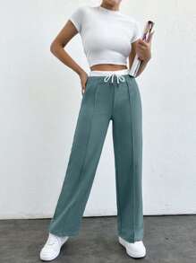 SHEIN PETITE Pantalones rectos de cintura con contraste de color versátil informal