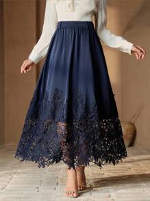 Anewsta Elegant Navy Blue Flared Lace Trim Skirt For Women - Navy Blue - View 4