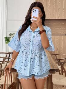 EMERY ROSE Plus Size Women's Popular Hollow Out Embroidery Ruffled Collar Blouse - Blue - View 4