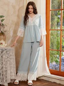 Côtesoire Romantic French Elegant Lace Ladies Pajama Set - Blue - View 3